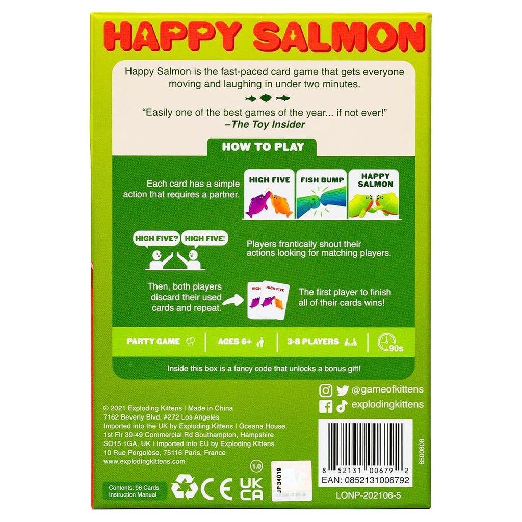 Happy Salmon Exploding Kittens party game back of box UK edition