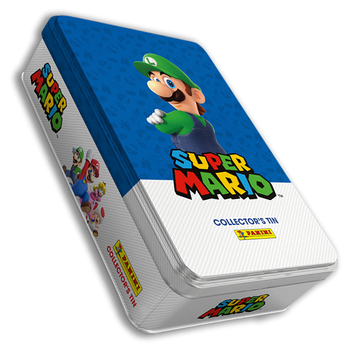 Panini Super Mario “It’s-a Me Mario!” Collector Tin Blue Luigi front