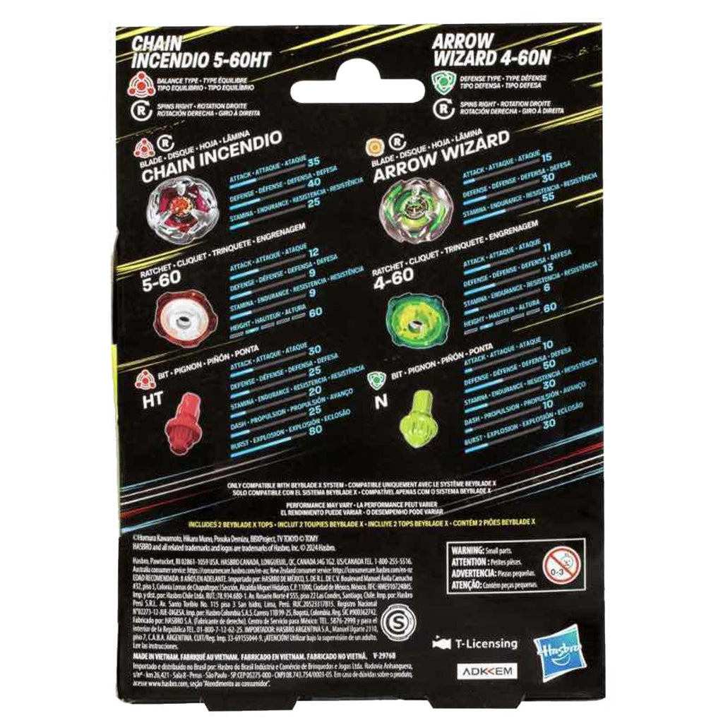 Beyblade X: Chain Incendio 5-60HT Balance Type & Arrow Wizard 4-60N Defense Type Dual Pack