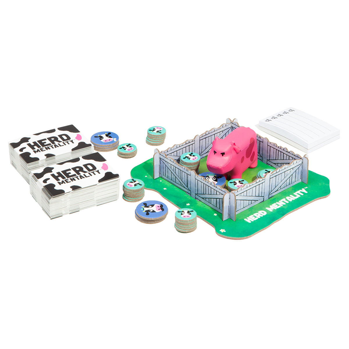 Herd Mentality cards and pink cow gameplay setup