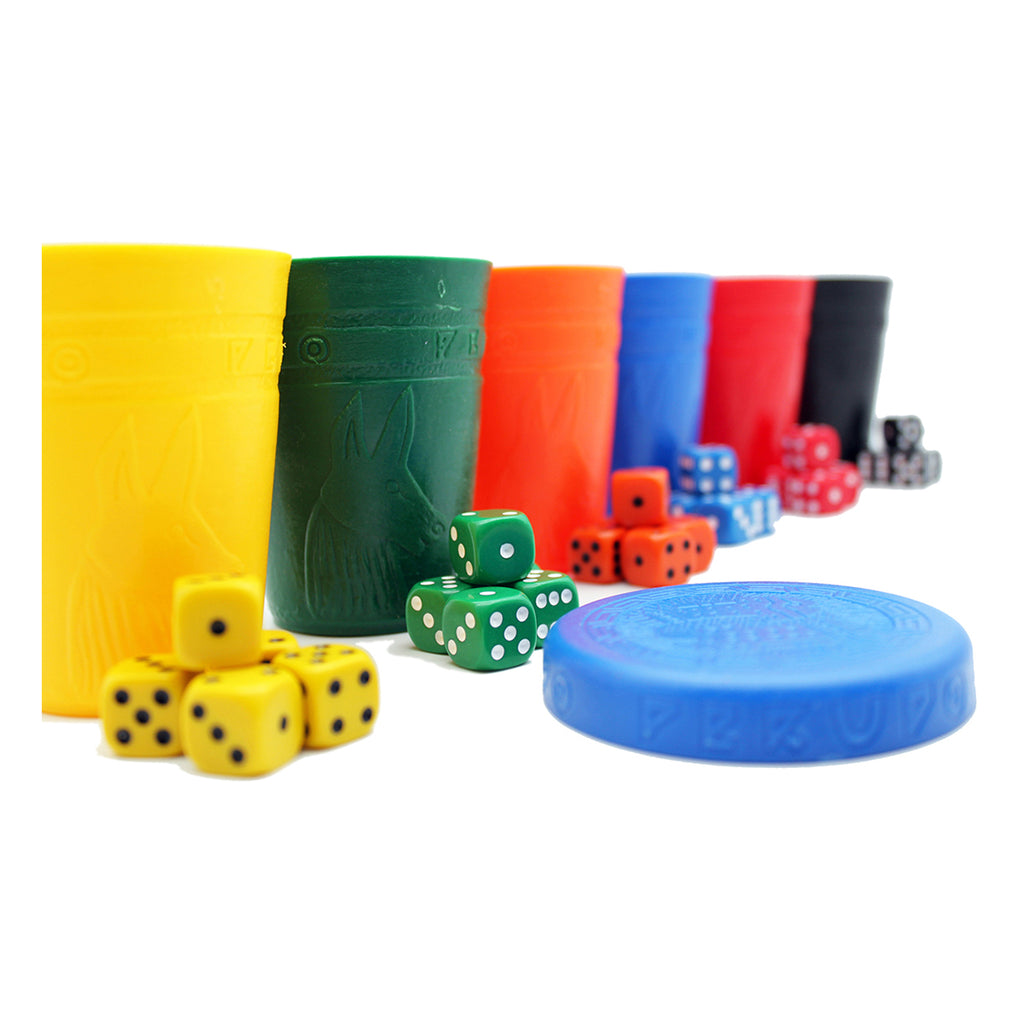 Perudo dice cups and coloured dice bluffing game close up