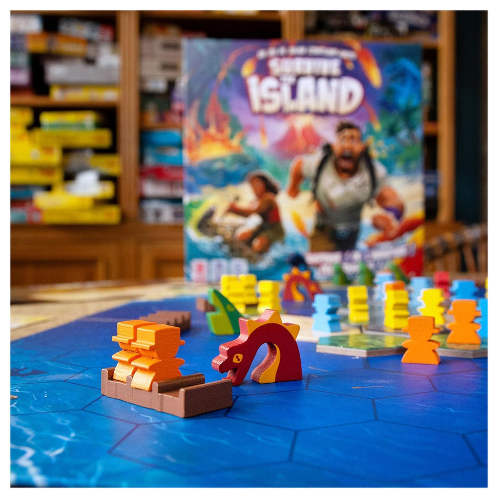 Survive The Island game components including cards and tokens