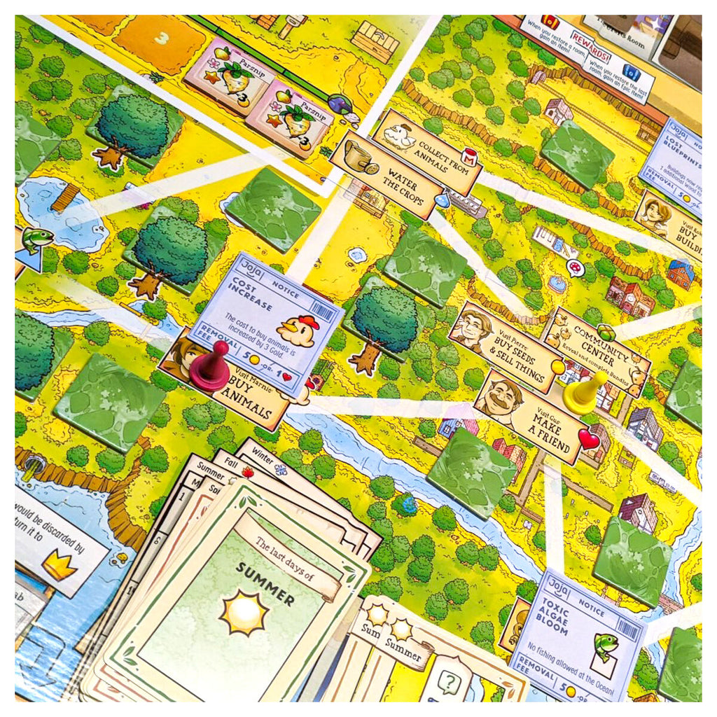 Cooperative farming strategy board game in play