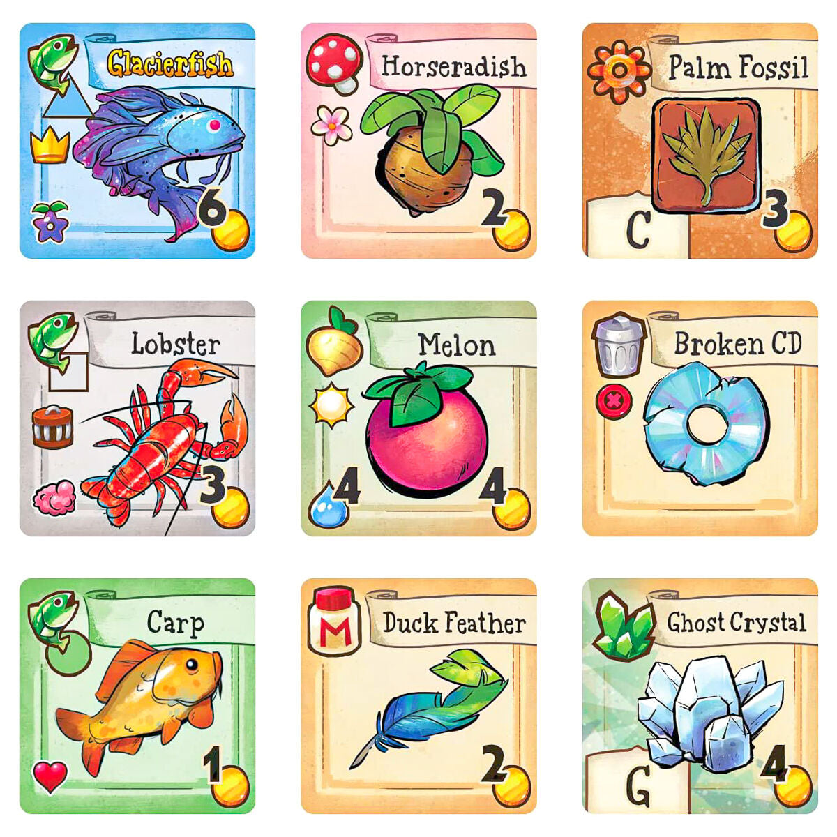 Stardew Valley character pawns, tiles, and season cards