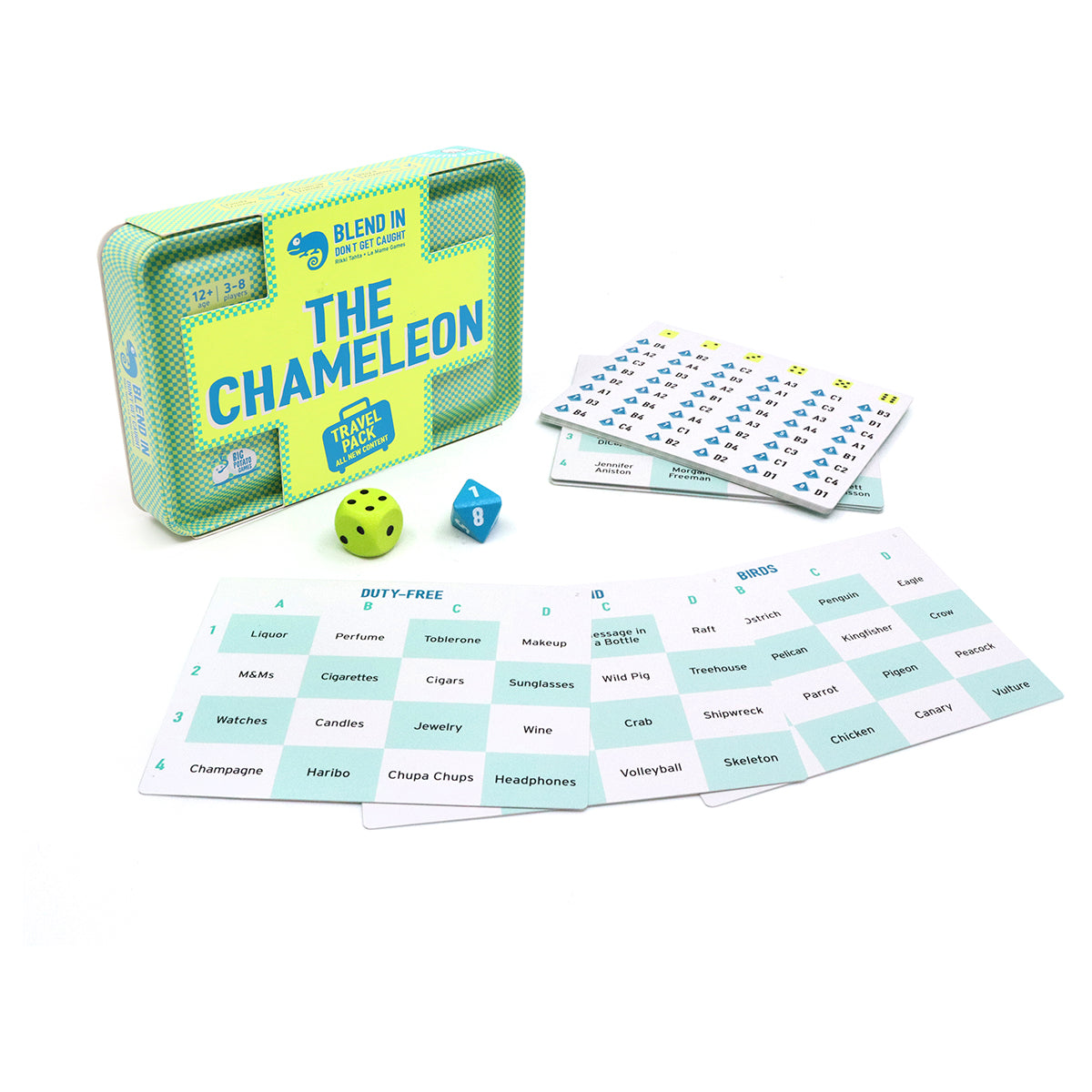 The Chameleon Travel party game cards and dice