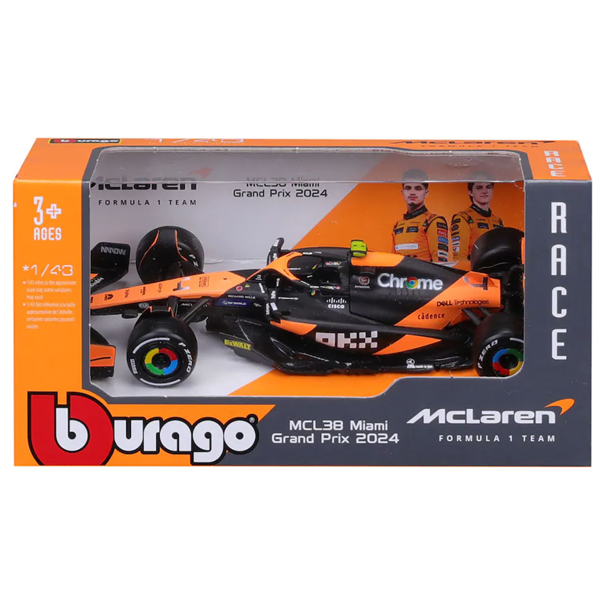 Bburago McLaren F1 MCL38 Miami Grand Prix 2024 Lando Norris 1:43 Race Car