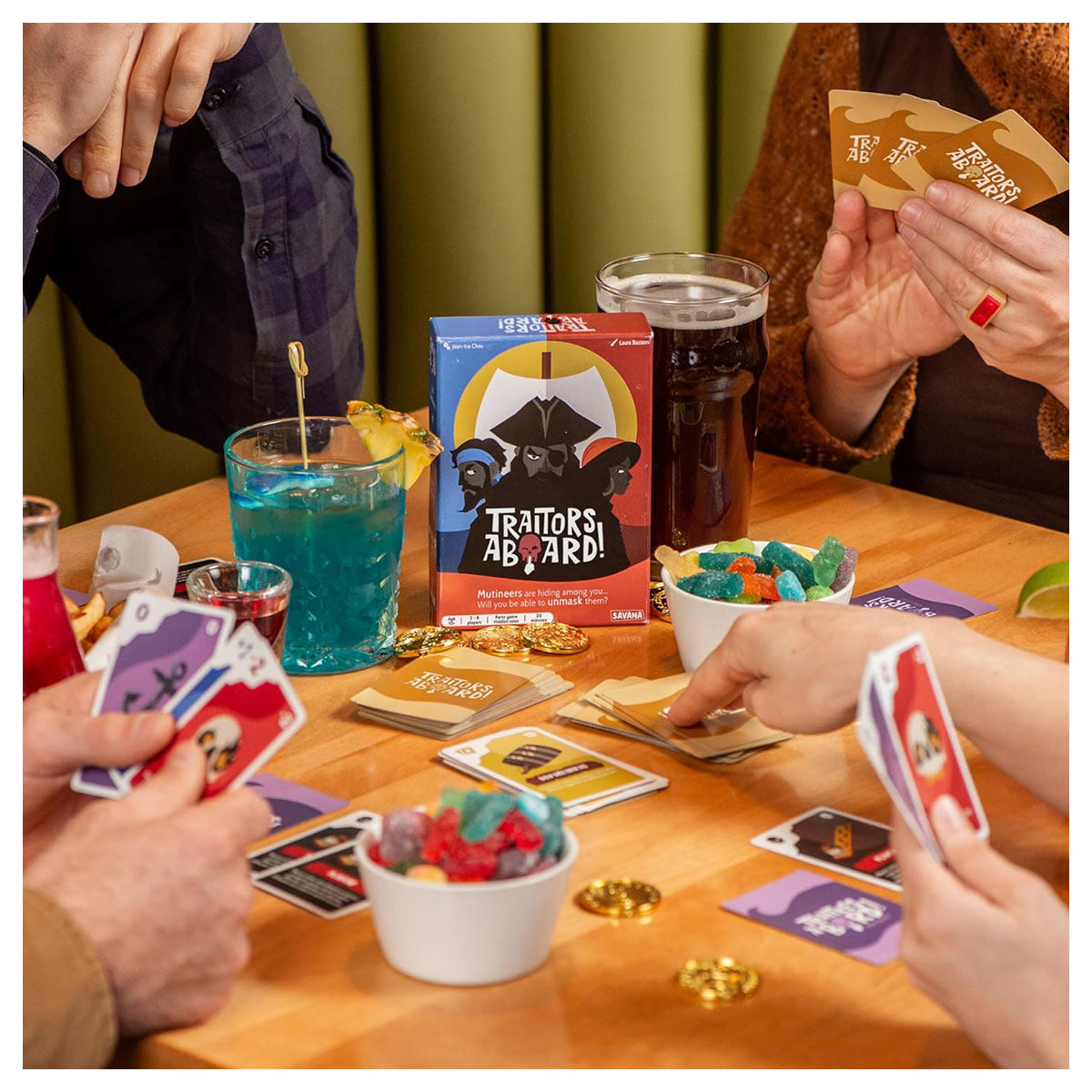 Social deduction board game setup display