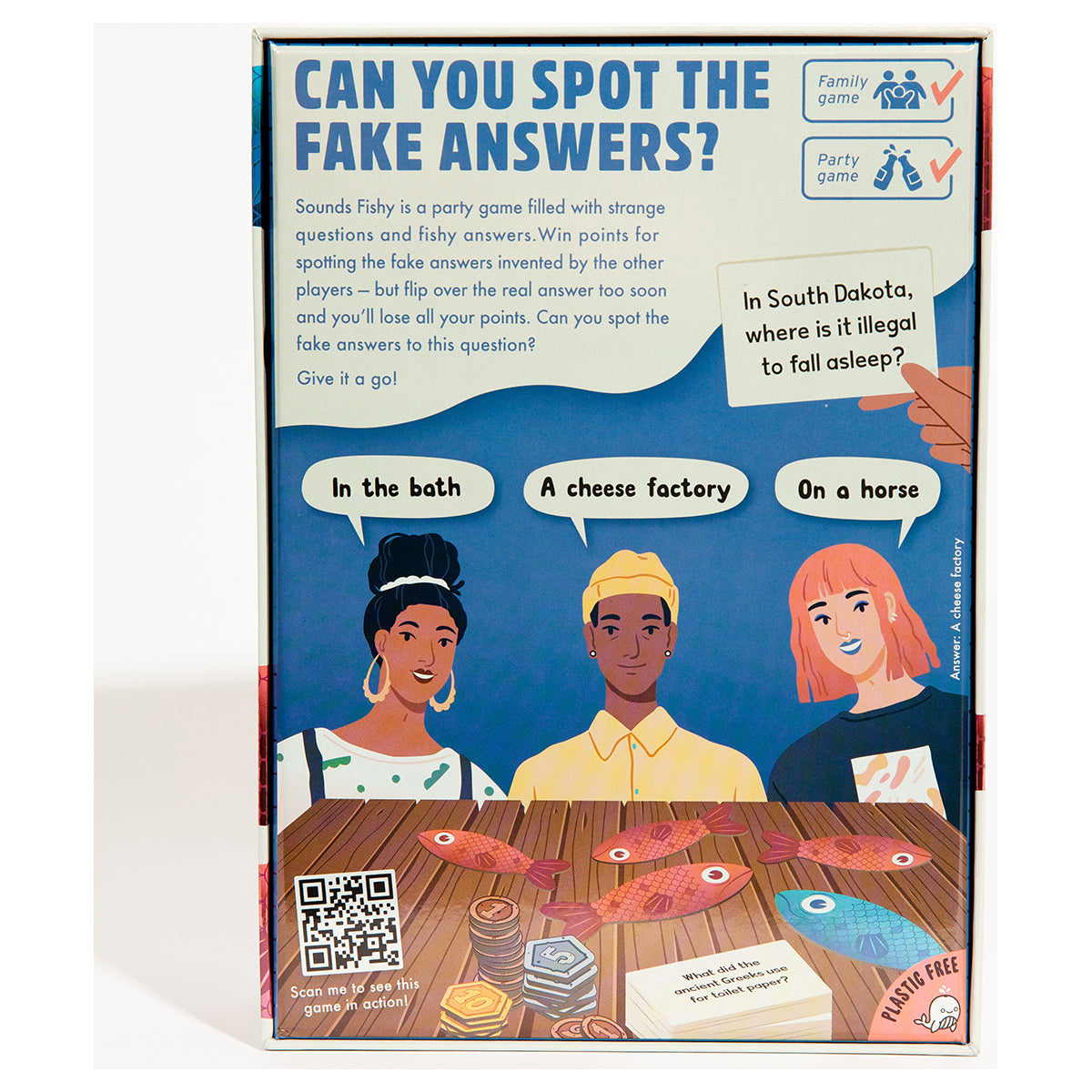 Sounds Fishy party game back of box bluffing game UK