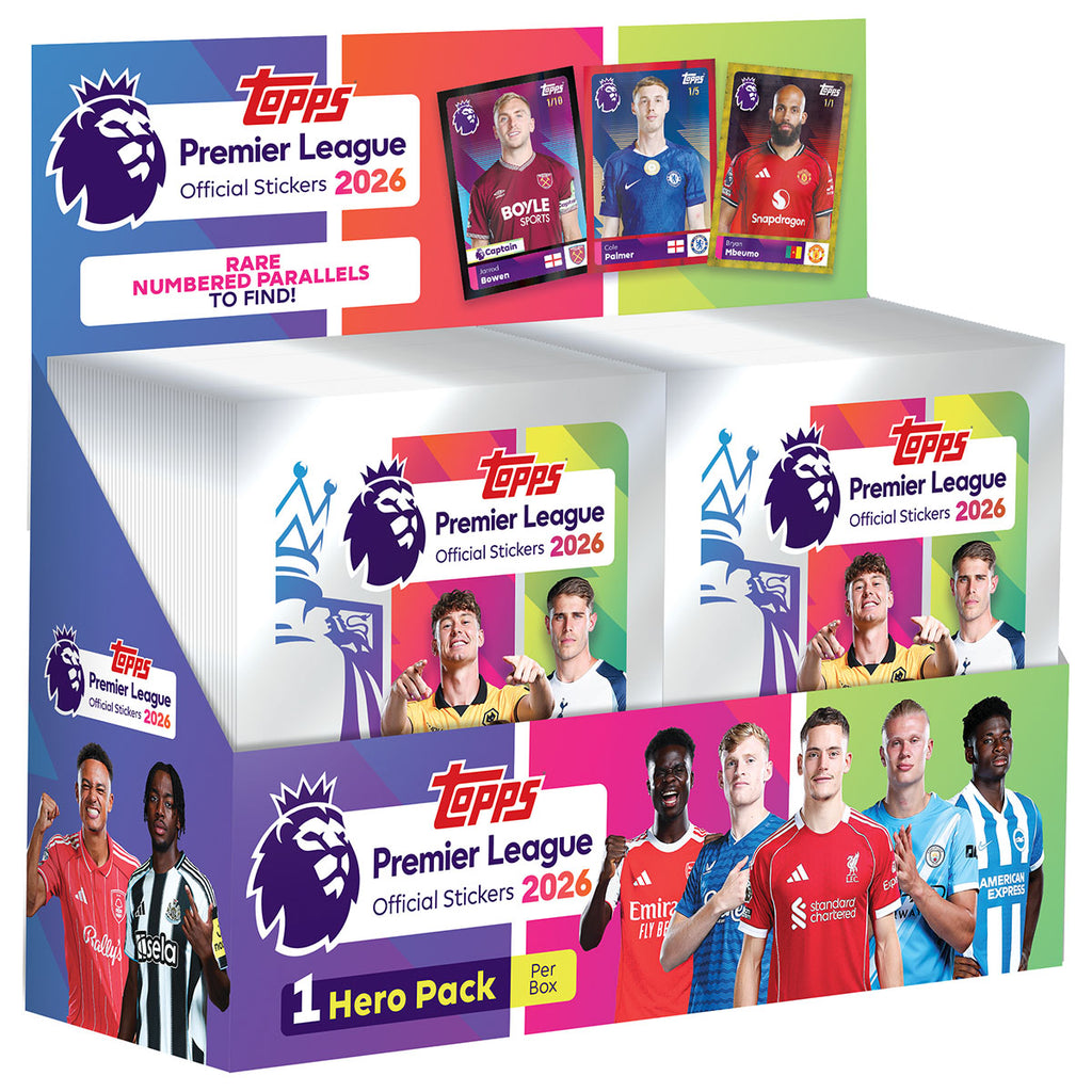 Topps Premier League 2026 box of 100 sticker packets front view
