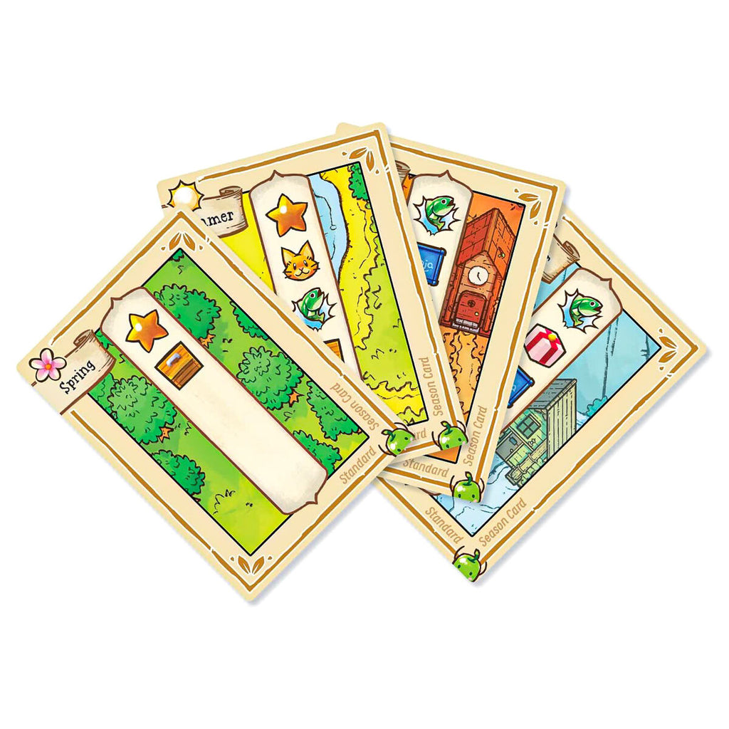 Stardew Valley character pawns, tiles, and season cards