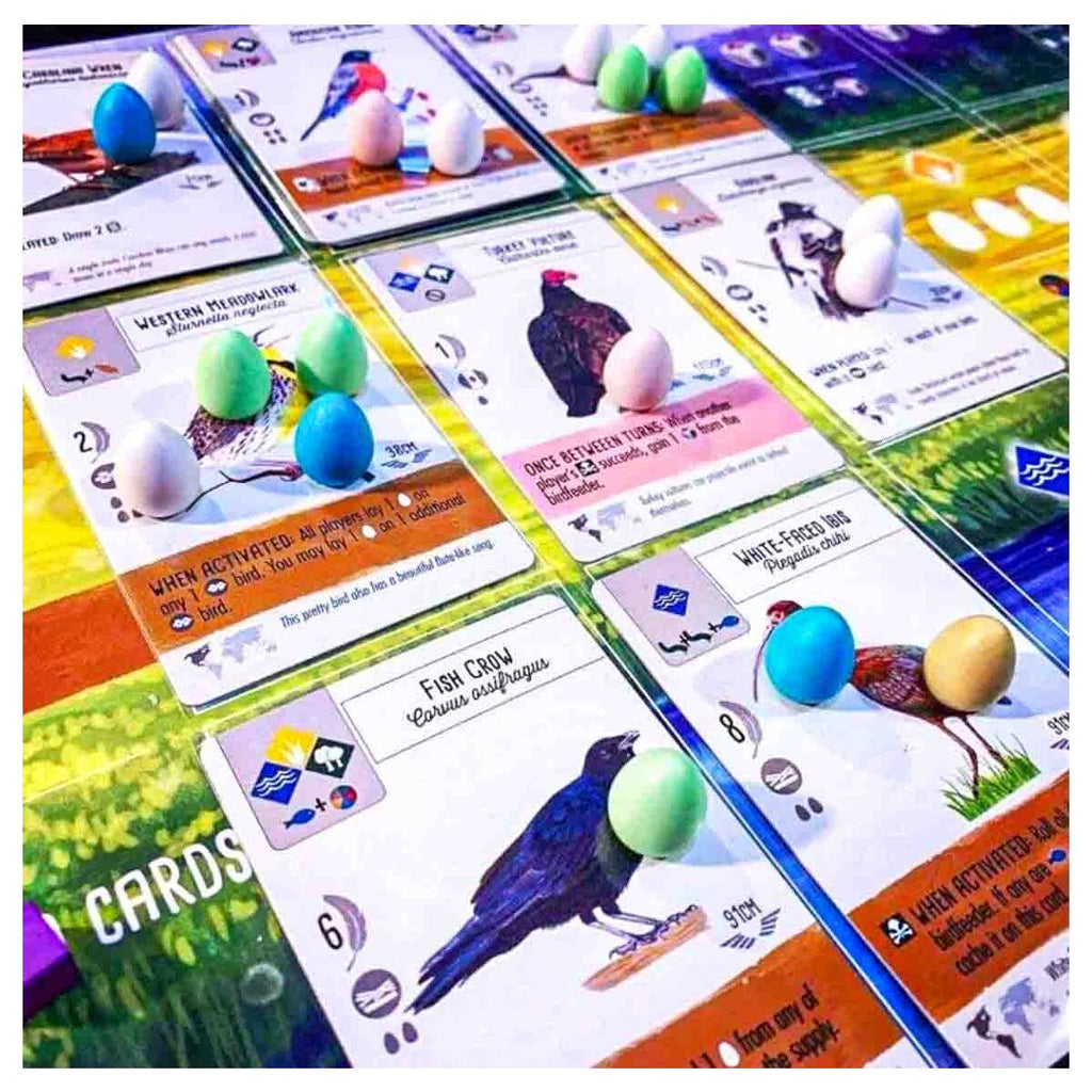Wingspan gameplay with player mats and bird cards