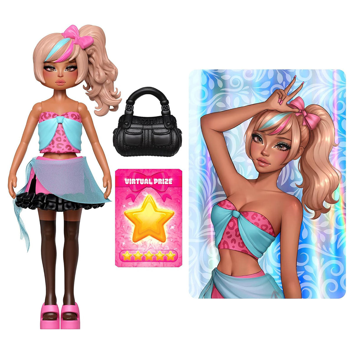 Fashion doll close-up with outfit and accessories