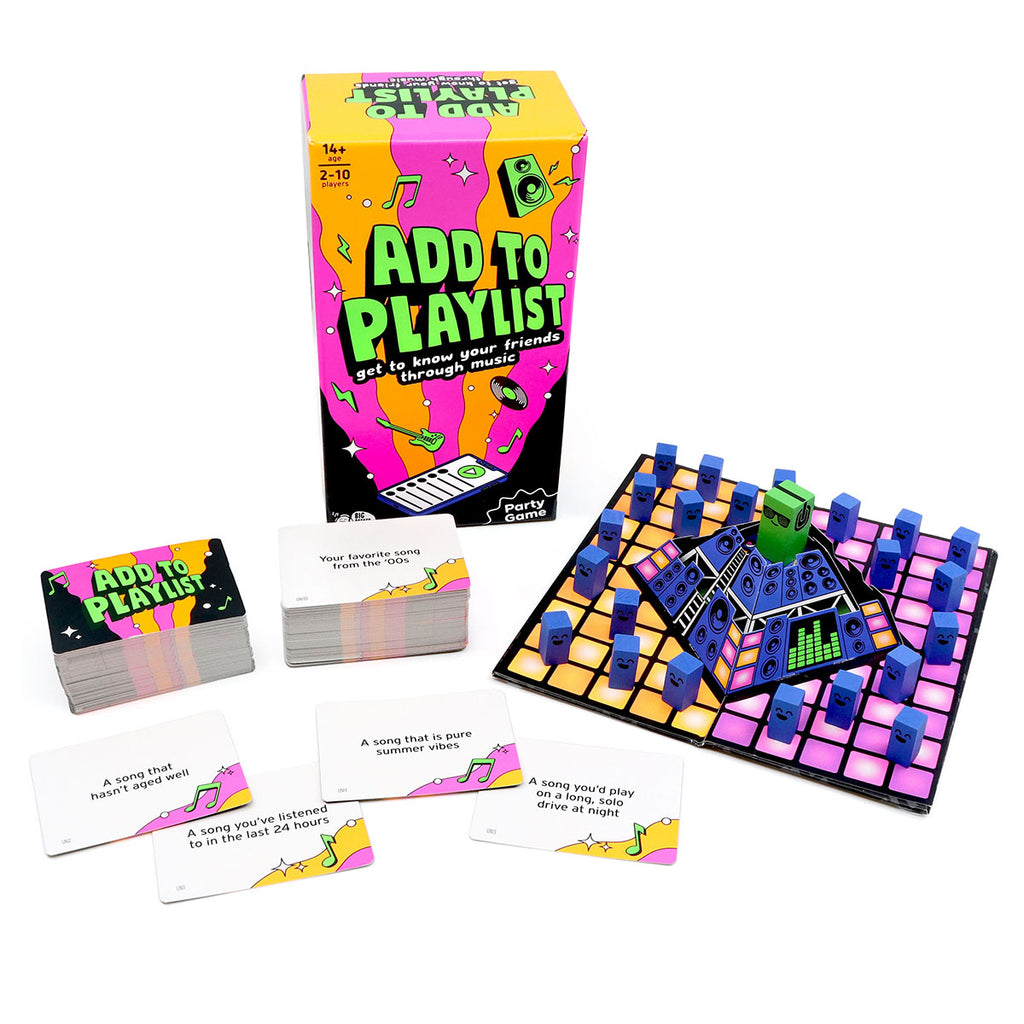 Add to Playlist game components – cards, board, and instructions