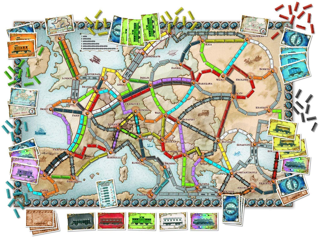Ticket to Ride Europe train cards and coloured train pieces