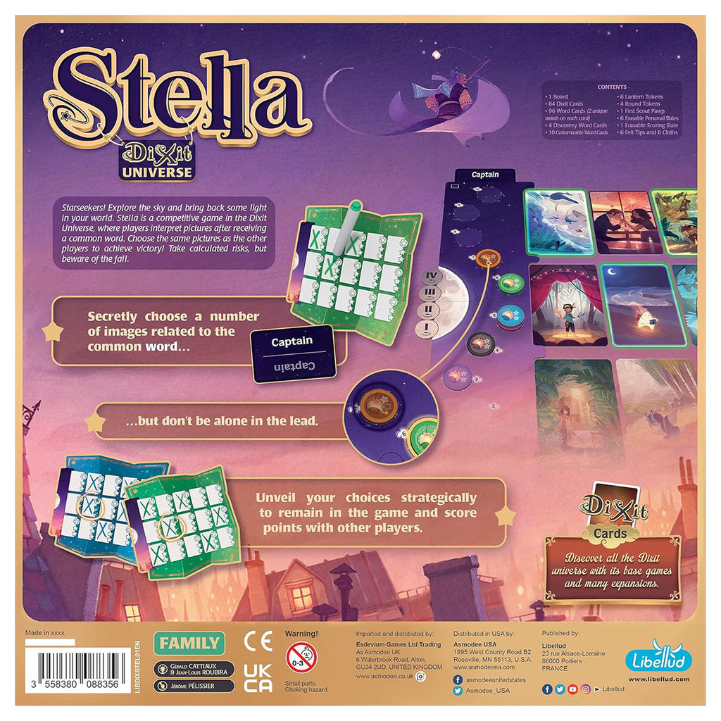 Stella Dixit Universe board game back of box creative association game UK