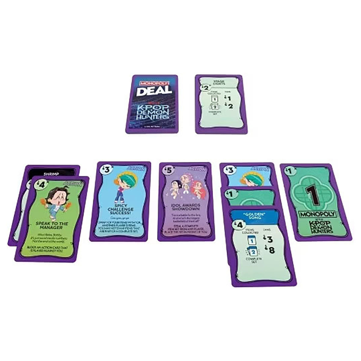 Monopoly Deal K-Pop Demon Hunters gameplay cards set collection